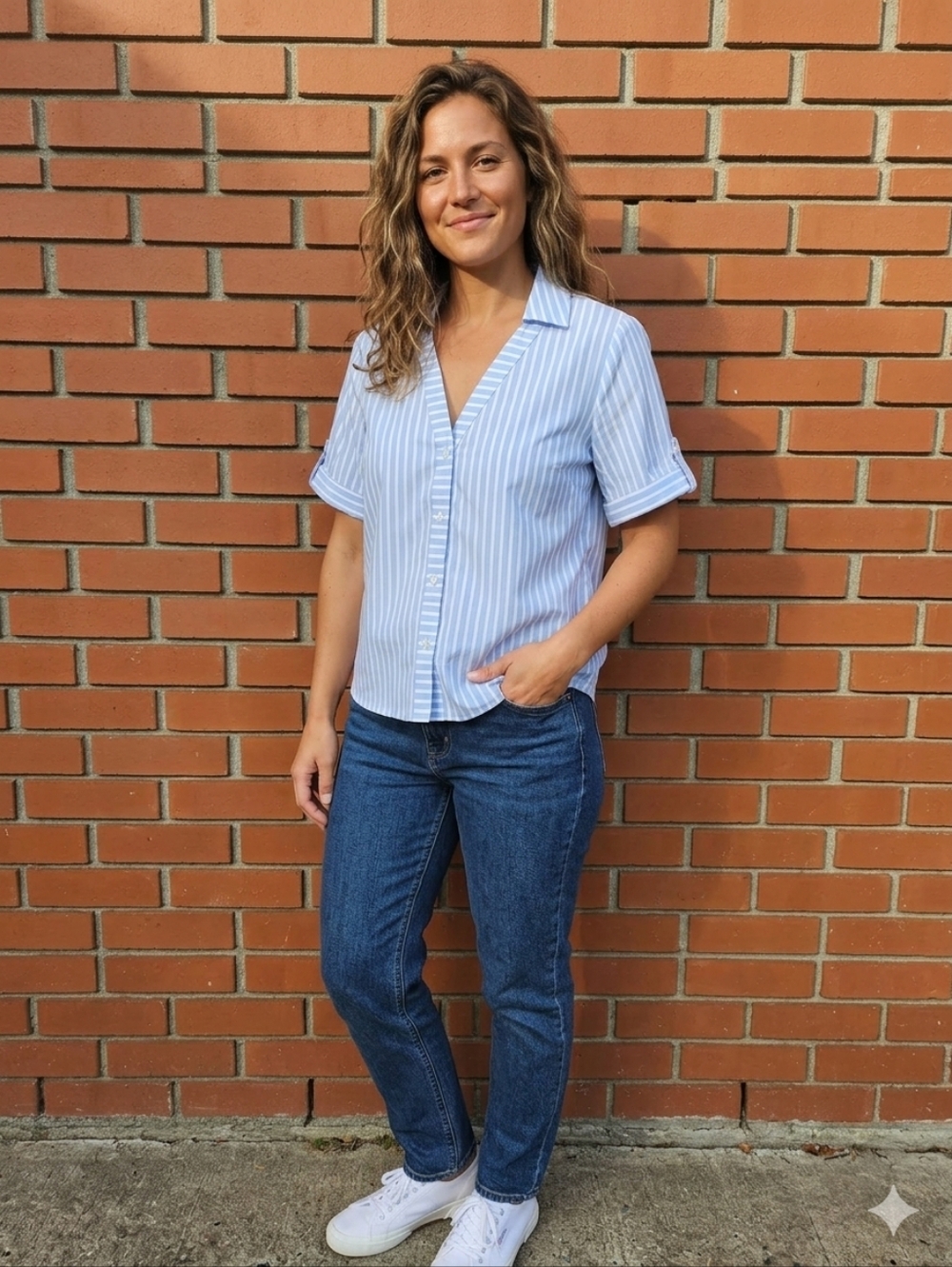 Reitmans Light Blue and White Striped Button-Down Shirt